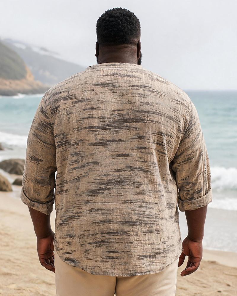 Big & Tall Men's Vintage Cross Brush Texture Print Long Sleeve Shirt With Vertical Collar