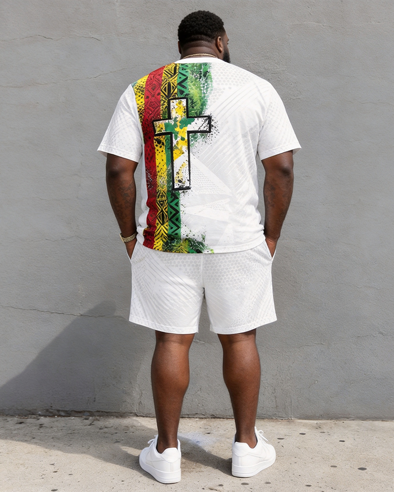 Big & Tall Men's Reggae Cross Printed Round Neck Short Sleeve T-Shirt Shorts Set