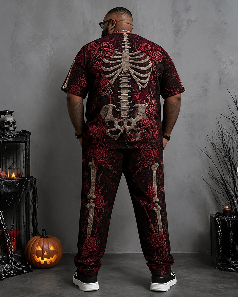 Big & Tall Men's Red Rose Skull Skeleton Vintage Printed T-Shirt Pants Set