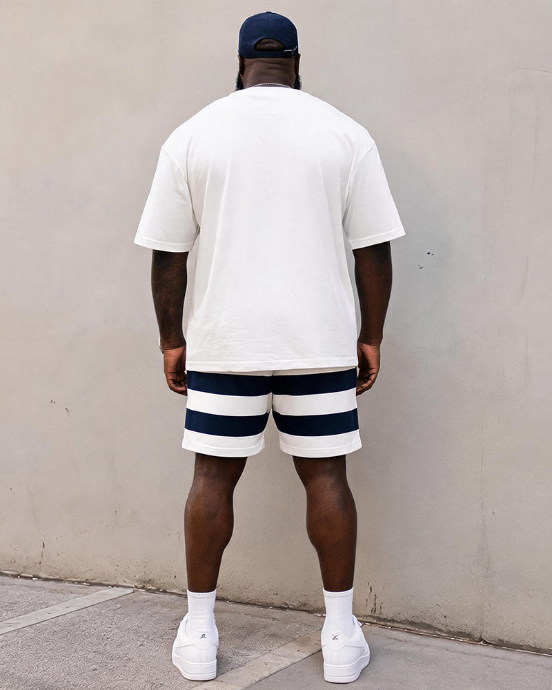 Big & Tall Men's Anchor Horizontal Stripe Printed Round Neck Short Sleeve T-Shirt Shorts Set
