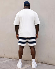 Big & Tall Men's Anchor Horizontal Stripe Printed Round Neck Short Sleeve T-Shirt Shorts Set