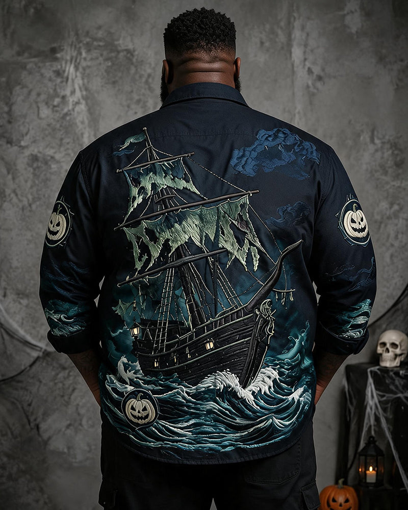 Big & Tall Men's Deep Sea Ghost Sailing Pumpkin Print Long Sleeve Shirt