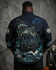 Big & Tall Men's Deep Sea Ghost Sailing Pumpkin Print Long Sleeve Shirt