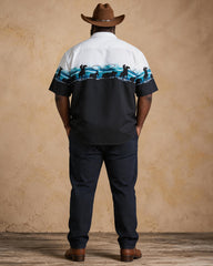 Big & Tall Men's Black And White Gradient Western Denim Silhouette Print Short Sleeve Shirt Pants Set