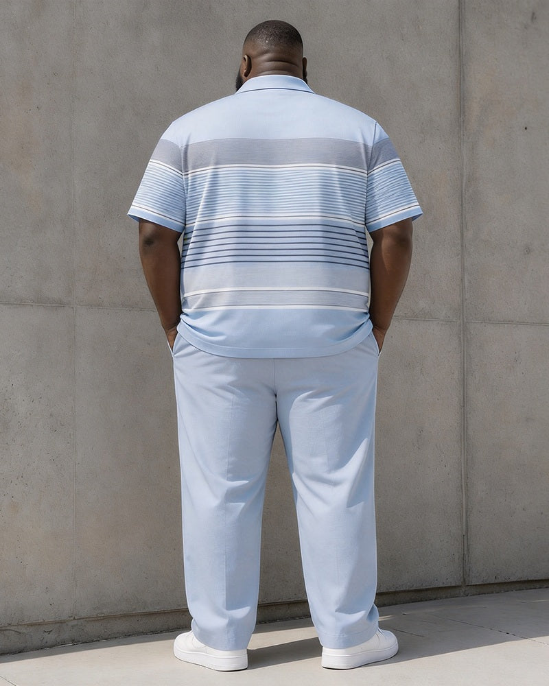 Big & Tall Men's Light Blue Gradient Horizontal Stripe Printed Polo Short Sleeve Trousers Set