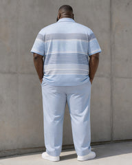 Big & Tall Men's Light Blue Gradient Horizontal Stripe Printed Polo Short Sleeve Trousers Set