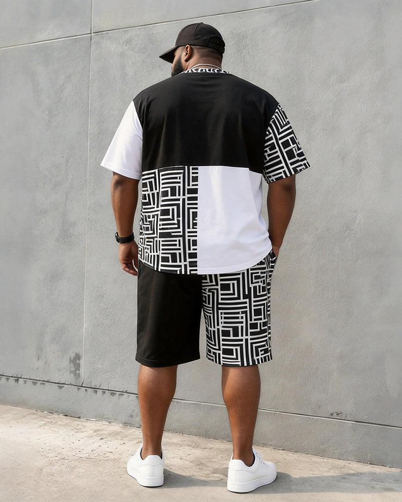 Big & Tall Men's Black And White Geometric Stitching Polo Printed Round Neck Short Sleeve T-shirt Shorts Set