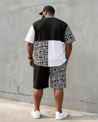 Big & Tall Men's Black And White Geometric Stitching Polo Printed Round Neck Short Sleeve T-shirt Shorts Set
