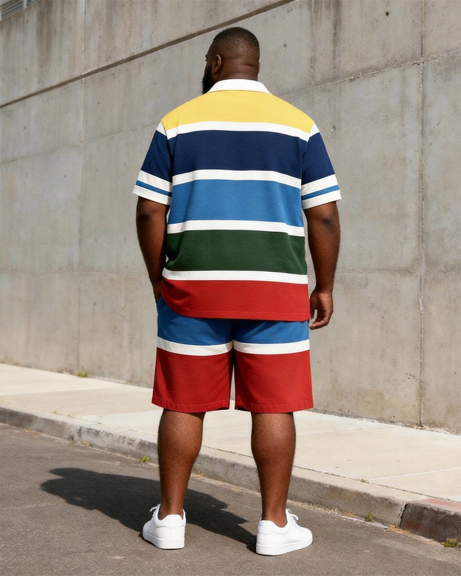 Big & Tall Men's Multicolor Horizontal Stripe Printed POLO Short Sleeve Shorts Set