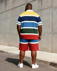 Big & Tall Men's Multicolor Horizontal Stripe Printed POLO Short Sleeve Shorts Set