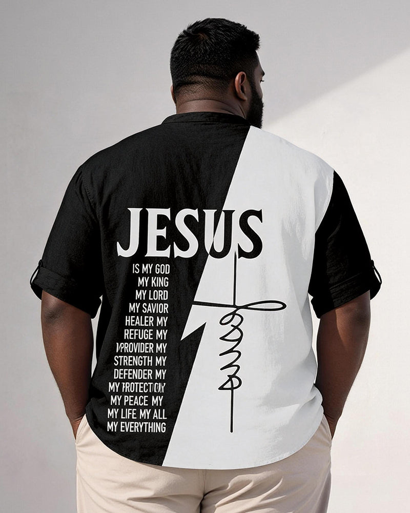 Big & Tall Men's Black And White JESUS Letter Cross Printed Collar Mid-Sleeve Shirt