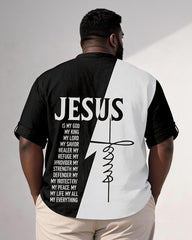 Big & Tall Men's Black And White JESUS Letter Cross Printed Collar Mid-Sleeve Shirt