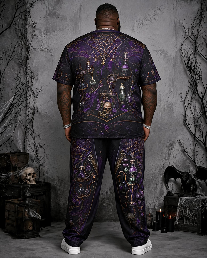 Big & Tall Men's Purple Magic Medicine Bottle Vest Gothic Printed T-Shirt Pants Set