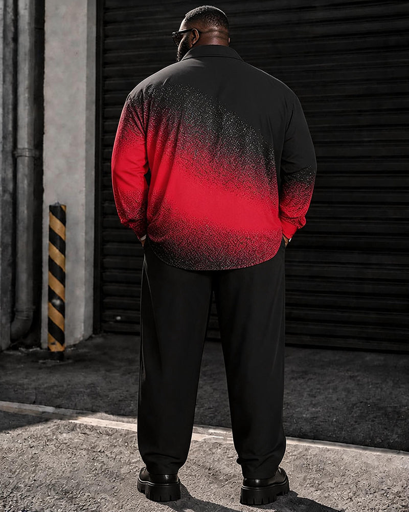 Big & Tall Men's Black And Red Granular Gradient Print Long Sleeve Shirt Pants Set