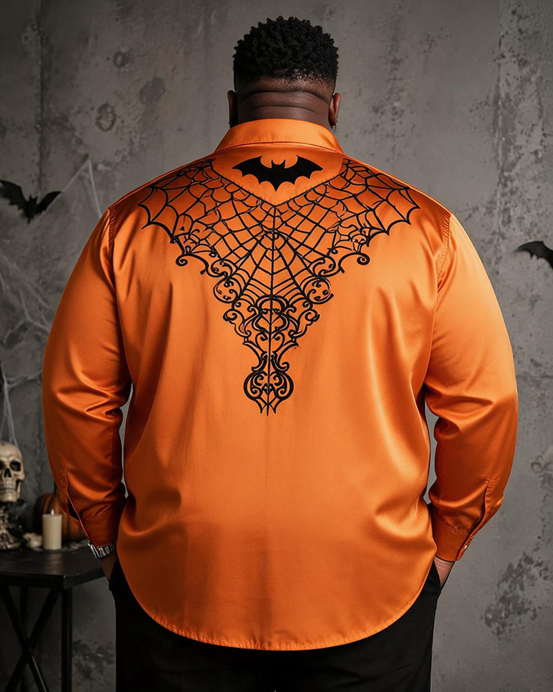Big & Tall Men's Halloween Cobweb Bat Print Long Sleeve Shirt