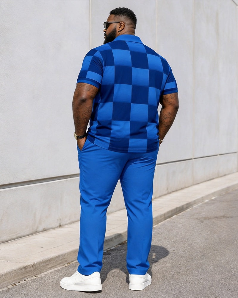 Big & Tall Men's Sapphire Blue Checkerboard Printed Polo Short Sleeve Trousers Set