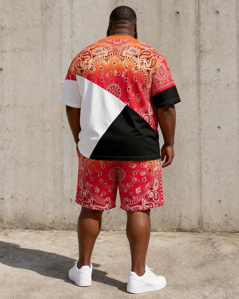 Big & Tall Men’s Orange-Red Ombre Paisley Patchwork Print Crew-Neck Short-Sleeve T-Shirt And Shorts Set