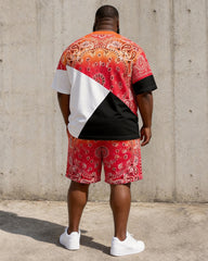 Big & Tall Men’s Orange-Red Ombre Paisley Patchwork Print Crew-Neck Short-Sleeve T-Shirt And Shorts Set