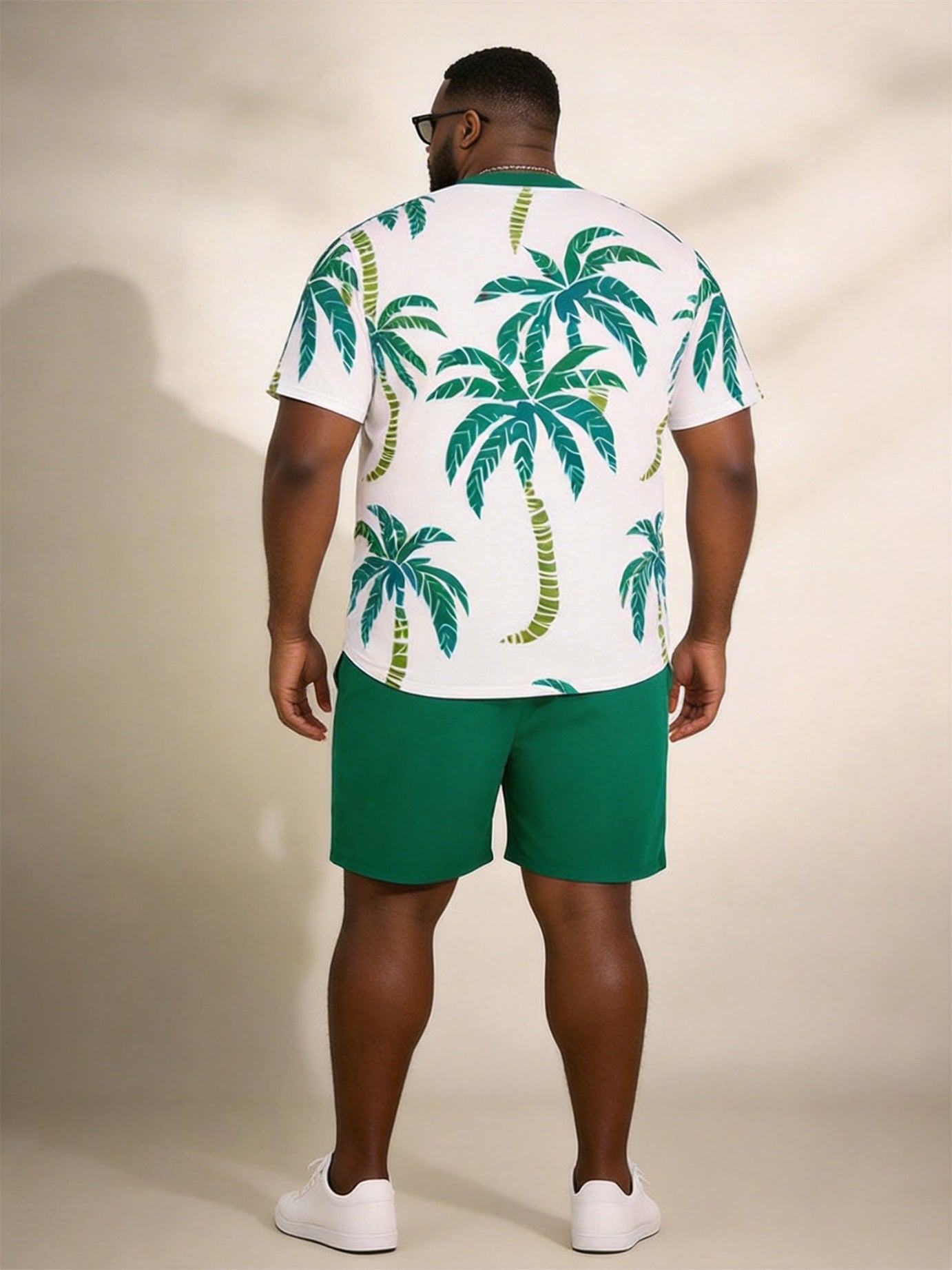 Big & Tall Men’s White Base Green Coconut Tree Print Crew Neck Short-Sleeve T-Shirt And Shorts Set