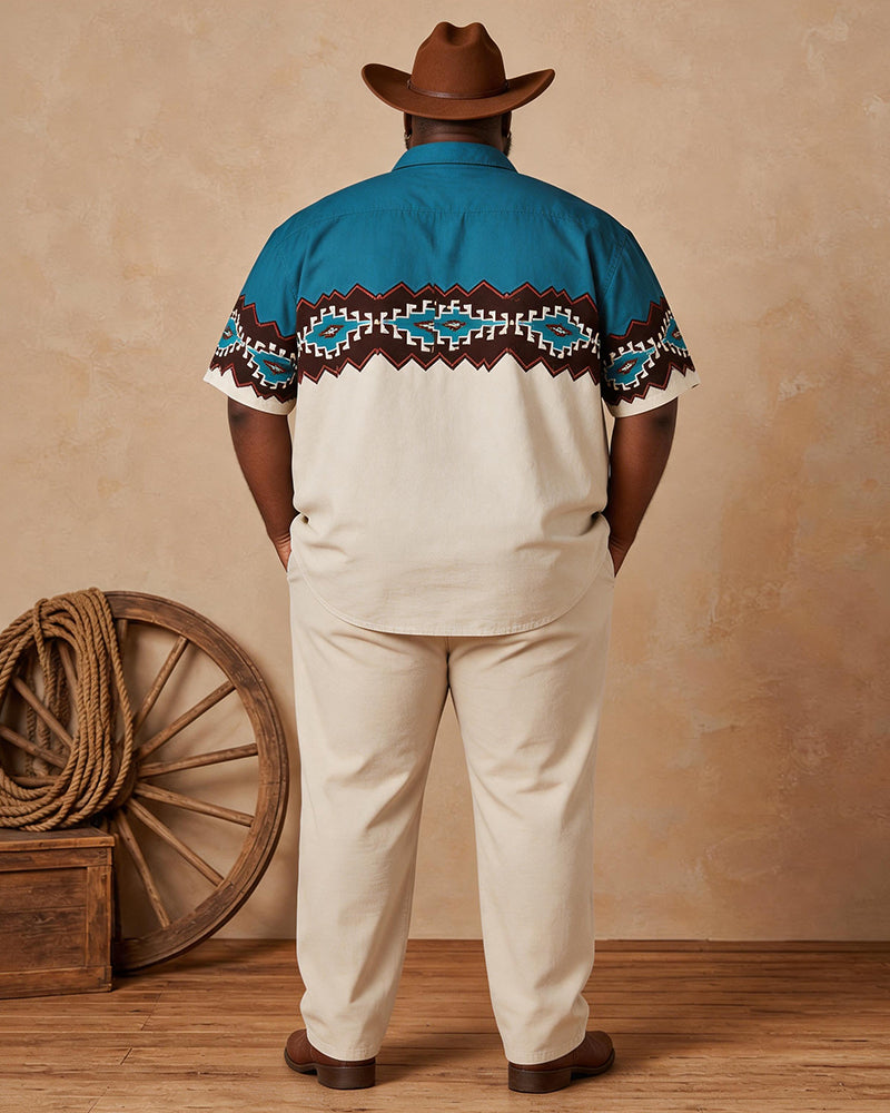 Big & Tall Men's Blue And White Contrast Navajo Geometric Print Short Sleeve Shirt Pants Set