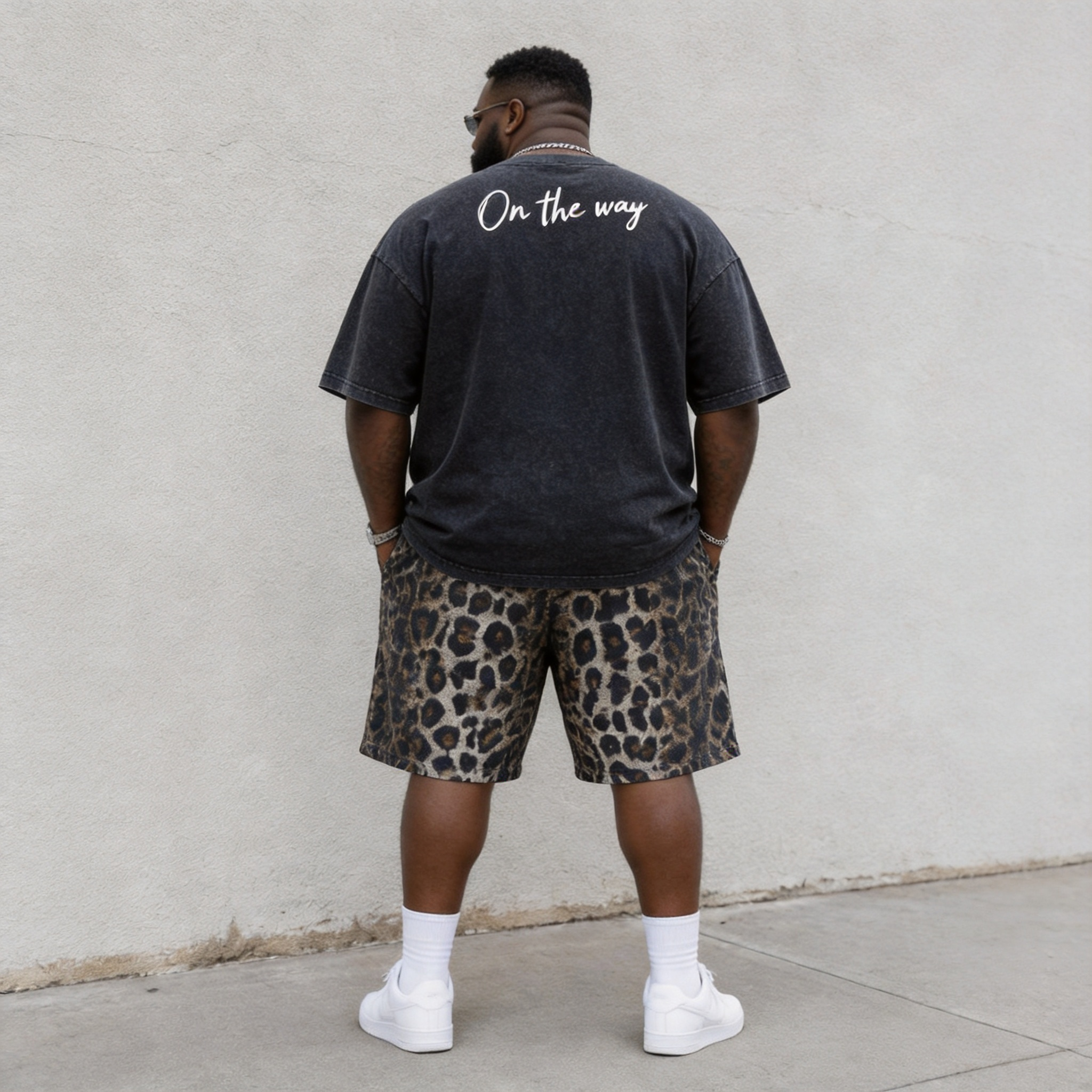 Big & Tall Men's Front And Back Printed Black Leopard Printed Round Neck Short Sleeve T-shirt Shorts Set