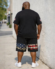 Big & Tall Men's American Flag Cross Eagle Print Crewneck Short Sleeve T-Shirt Shorts Set