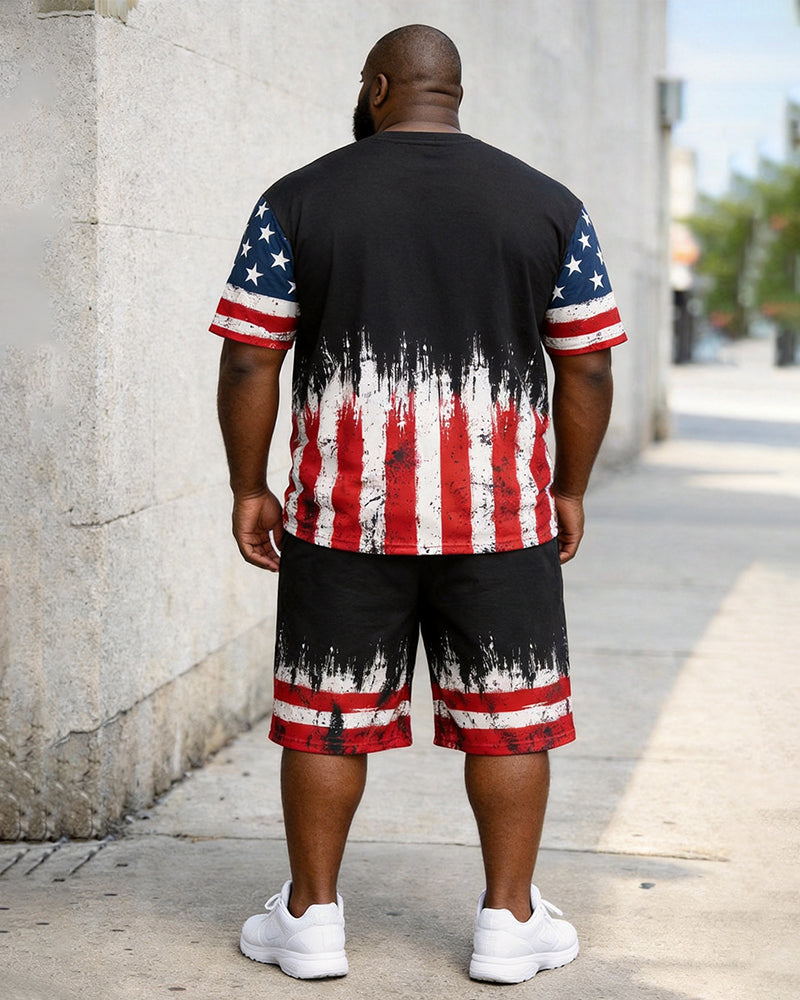 Big & Tall Men's American Flag Cross Splash Ink Printed Round Neck Short Sleeve T-Shirt Shorts Set