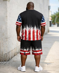 Big & Tall Men's American Flag Cross Splash Ink Printed Round Neck Short Sleeve T-Shirt Shorts Set