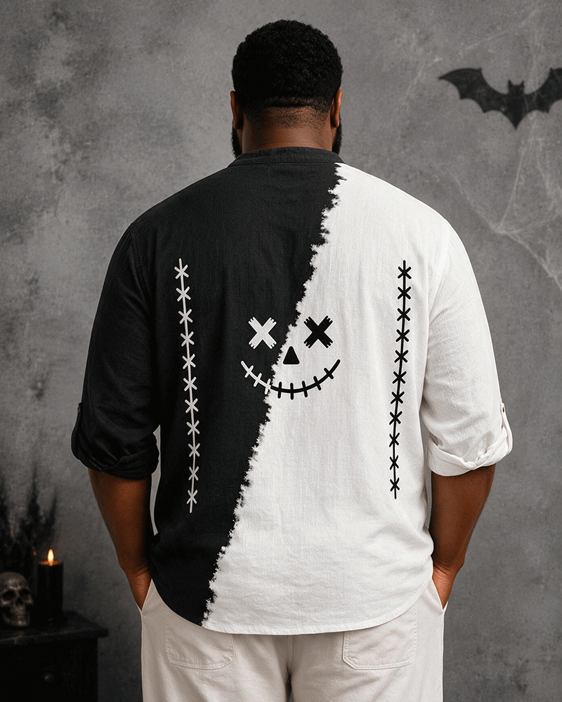 Big & Tall Men's Black And White Half-stitched Pumpkin Stitched Smiley Face Printed Collar Long Sleeve Shirt