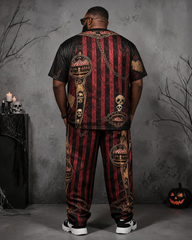 Big & Tall Men's Red And Black Circus Retro Vest Skull Print T-Shirt Pants Set