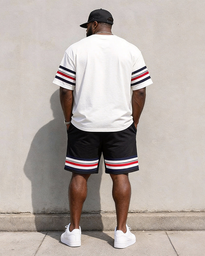 Big & Tall Men's White Red Blue Stripe Polo Print Round Neck Short Sleeve T-Shirt Shorts Set