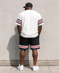 Big & Tall Men's White Red Blue Stripe Polo Print Round Neck Short Sleeve T-Shirt Shorts Set