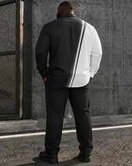 Big & Tall Men's Black And White Oblique Gradient Printed Long Sleeve Shirt Pants Set