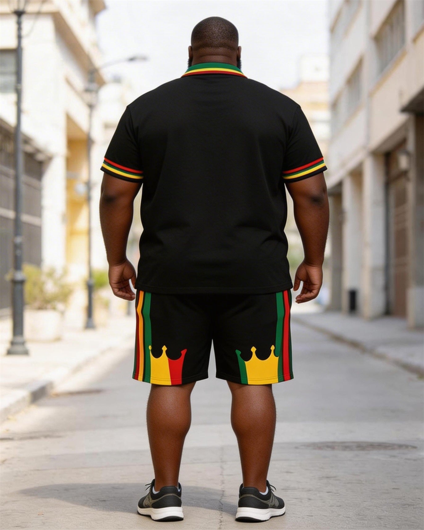 Big & Tall Men's Crown Print Red Yellow Green Contrast Print POLO Short Sleeve Shorts Set