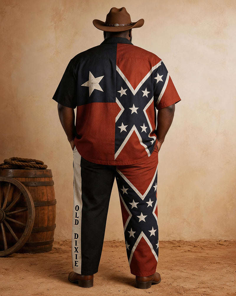 Big & Tall Men's Retro Distressed Flag Print Short Sleeve Shirt Trousers Set