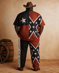 Big & Tall Men's Retro Distressed Flag Print Short Sleeve Shirt Trousers Set