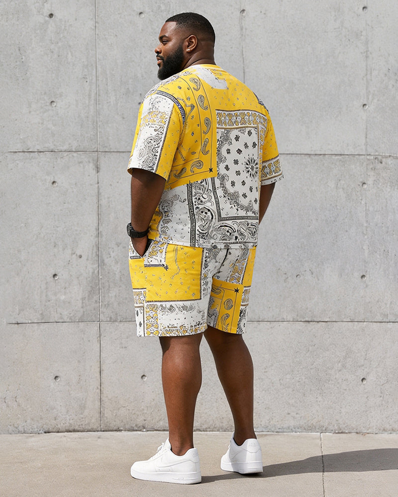 Big & Tall Men's Yellow And White Stitching Paisley Printed Crew Neck Short Sleeve T-shirt Shorts Set