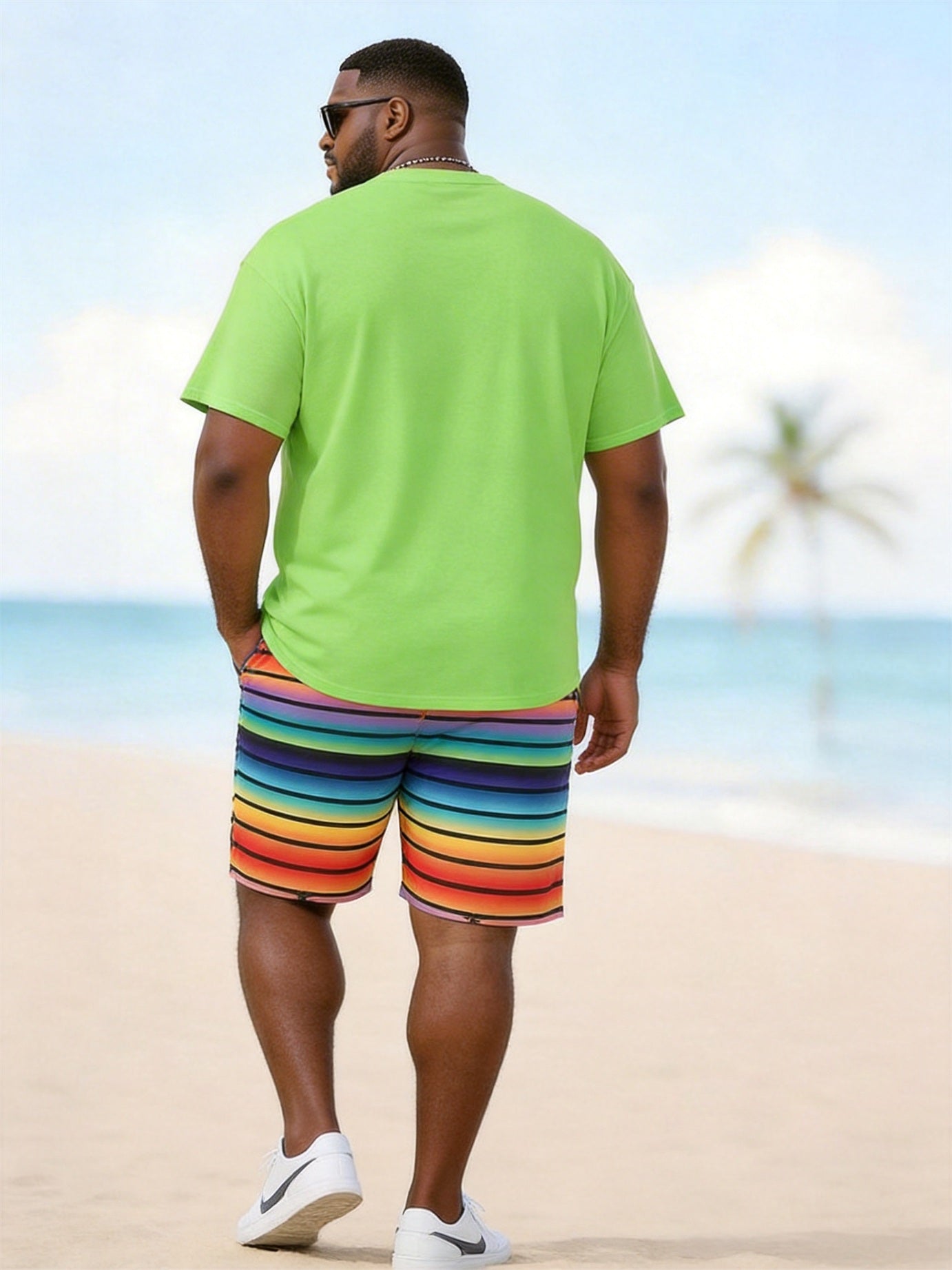 Big & Tall Men's MIAMI BEACH Rainbow Stripe Printed Crewneck Short Sleeve T-Shirt Shorts Set
