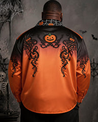 Big & Tall Men's Halloween Gradient Orange Black Pumpkin Print Long Sleeve Shirt