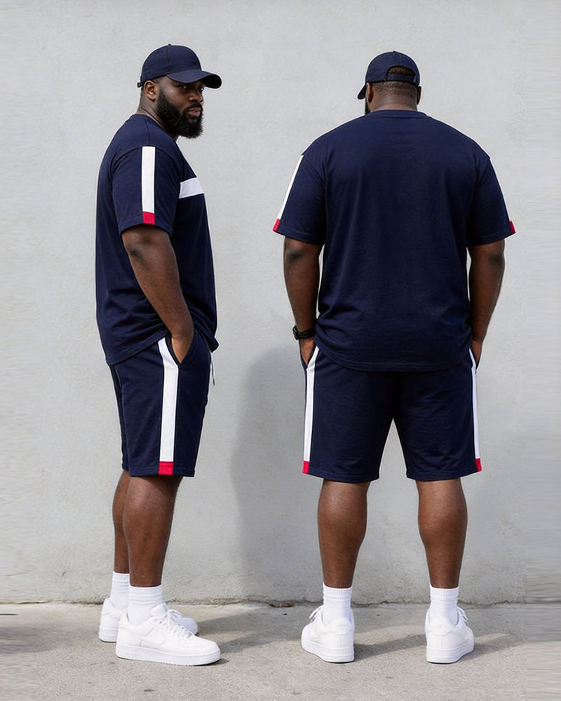 Big & Tall Men's Navy Blue White Red Contrast Striped Printed Crew Neck Short Sleeve T-shirt Shorts Set