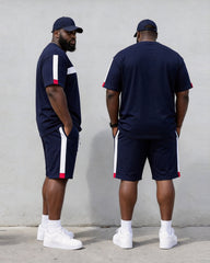 Big & Tall Men's Navy Blue White Red Contrast Striped Printed Crew Neck Short Sleeve T-shirt Shorts Set