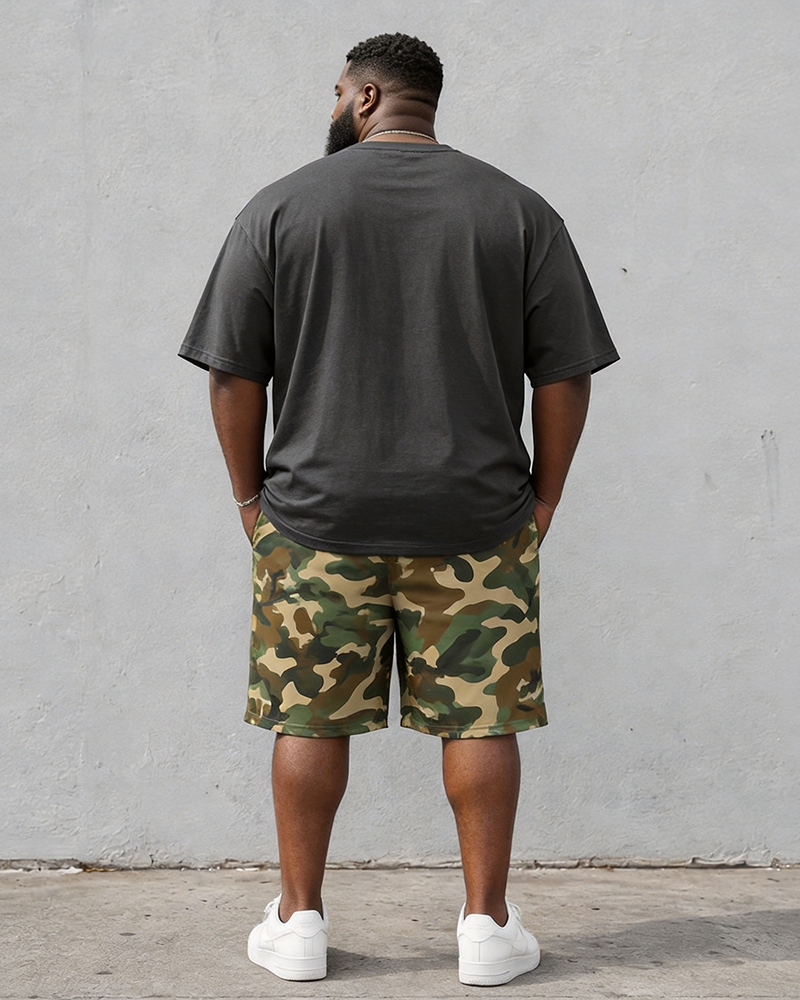 Big & Tall Men's Camouflage Leopard Head Print Round Neck Short Sleeve T-Shirt Shorts Set