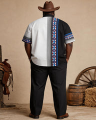 Big & Tall Men's Black And White Contrast Navajo Striped Printed Short Sleeve Shirt Pants Set