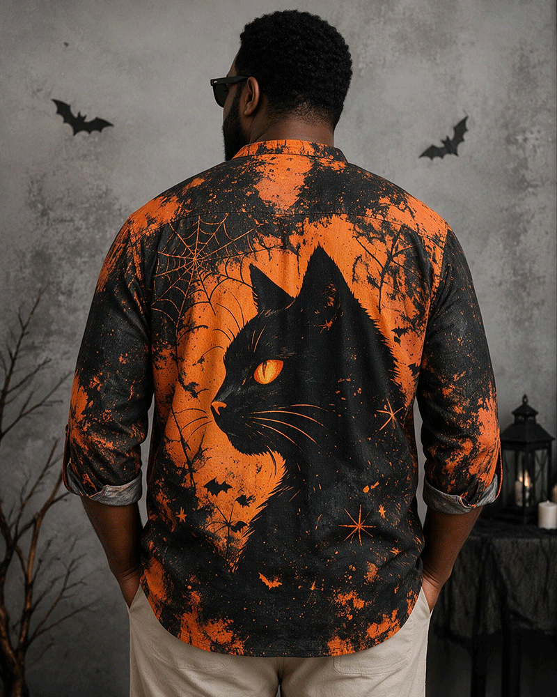 Big & Tall Men's Halloween Black Cat Positive And Reverse Printed Collar Long Sleeve Shirt