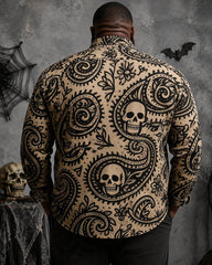 Big & Tall Men's Halloween Cashew Flower Skull Print Long Sleeve Shirt