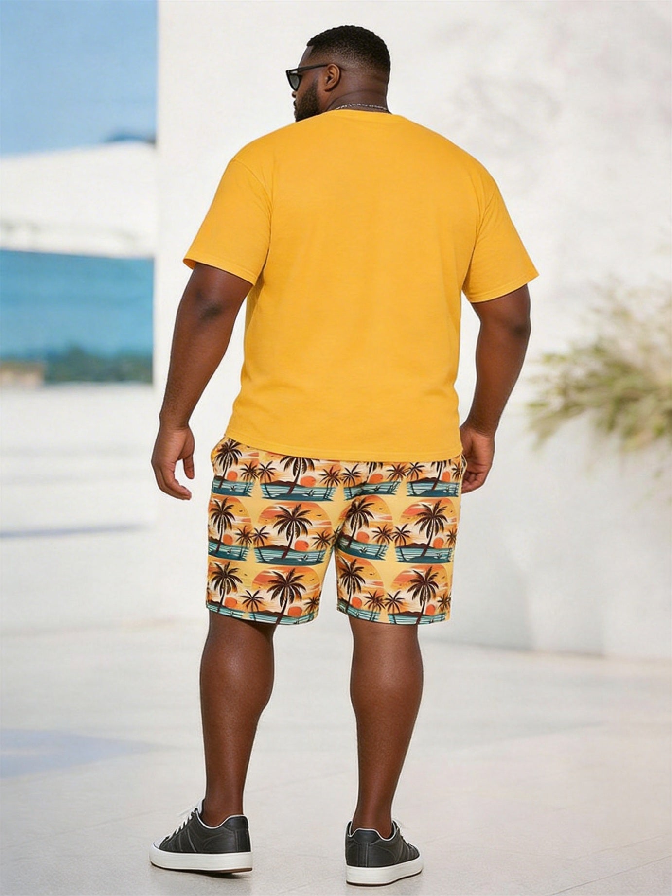 Big & Tall Men'sMIAMI Coconut Tree Sunset Print Round Neck Short Sleeve T-Shirt Shorts Set