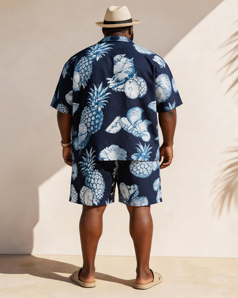 Big & Tall Men's Blues Pineapple Print Short Sleeve Shirt Shorts Set