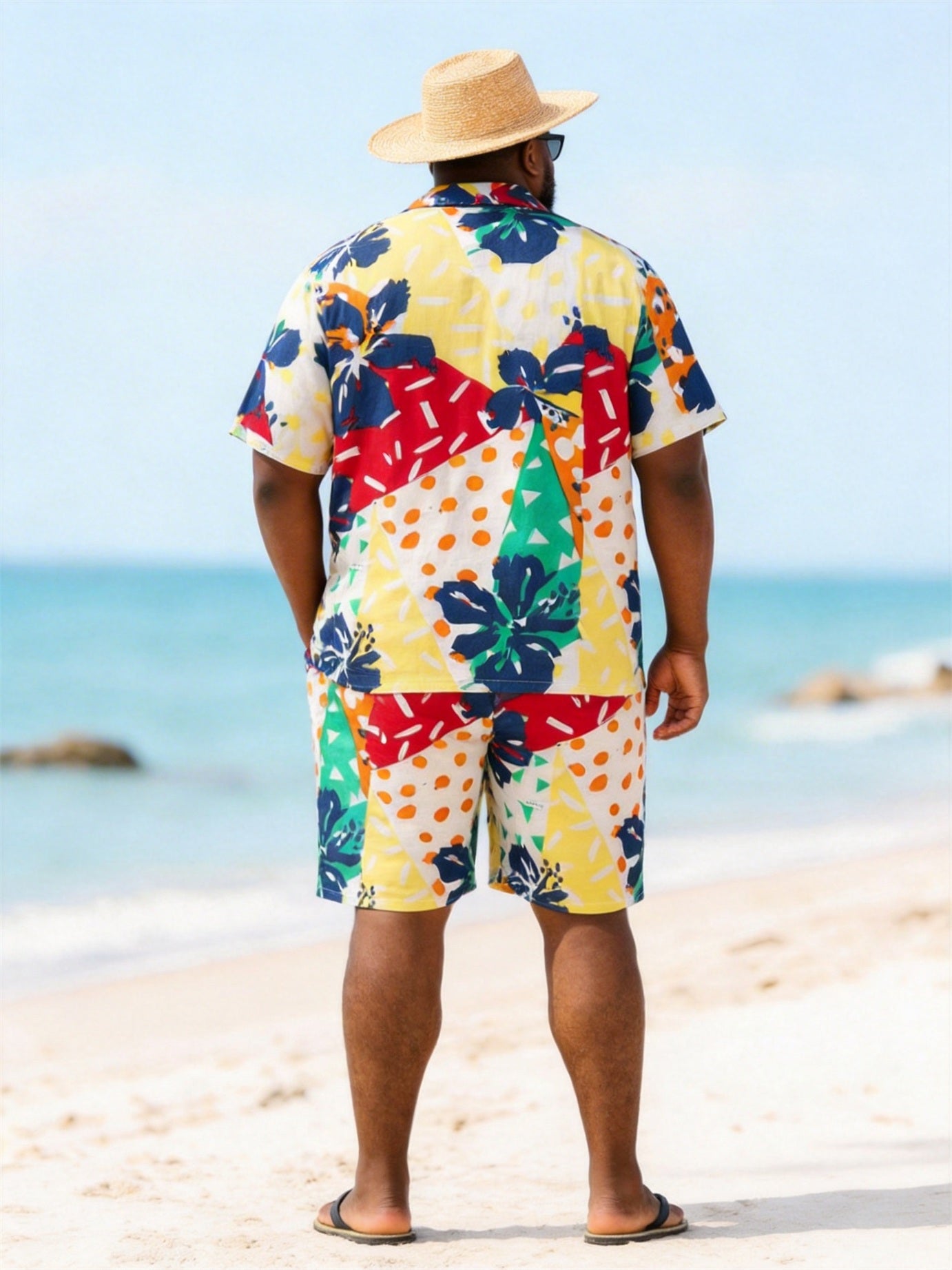 Big & Tall Men's Colorful Polo Hibiscus Flower Printed Short Sleeve Shirt Shorts Set