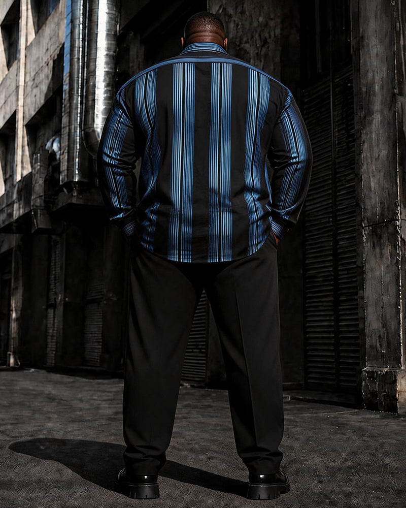 Big & Tall Men's Blue And Black Vertical Stripe Print Long Sleeve Shirt Pants Set