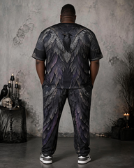 Big & Tall Men’s Dark Purple-Hued Feather And Apothecary-Print T-Shirt And Pants Set